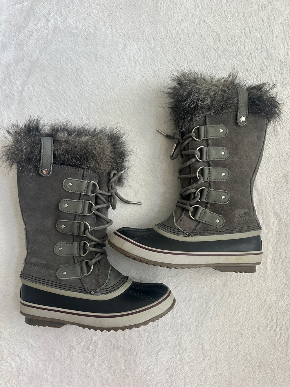 Sorel Joan of Arctic Waterproof Boots Faux Fur Women US 7 Quarry Black Suede EUC